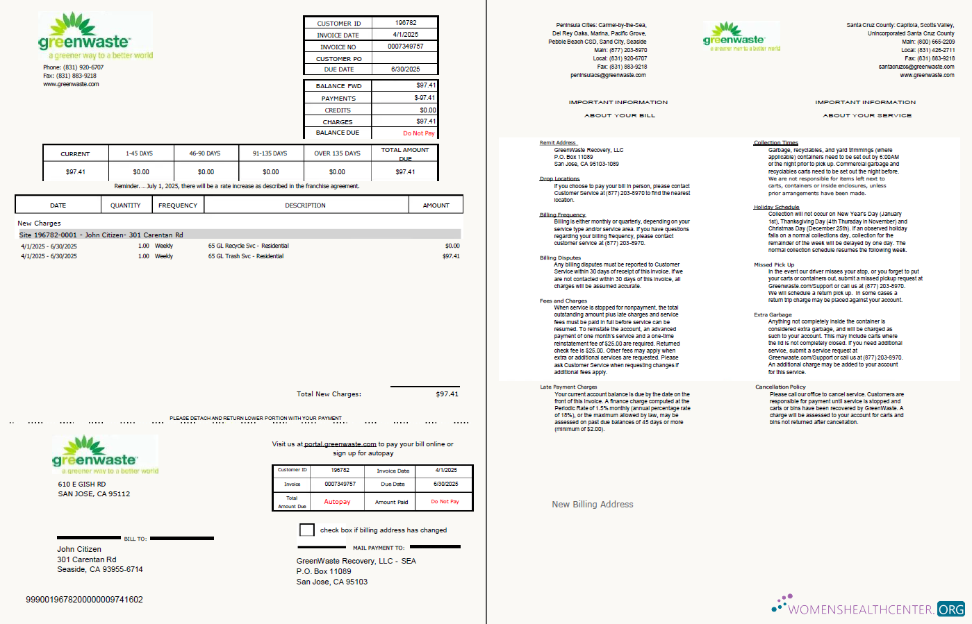 download download USA Green Waste utility bill template in Word and PDF formats, 2 pages PDF template PDF template